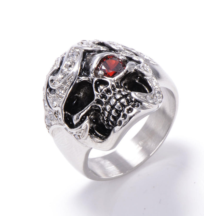 Halloween Fashion Jewelry Stainless Steel Skull Head Zircon Ring for Men