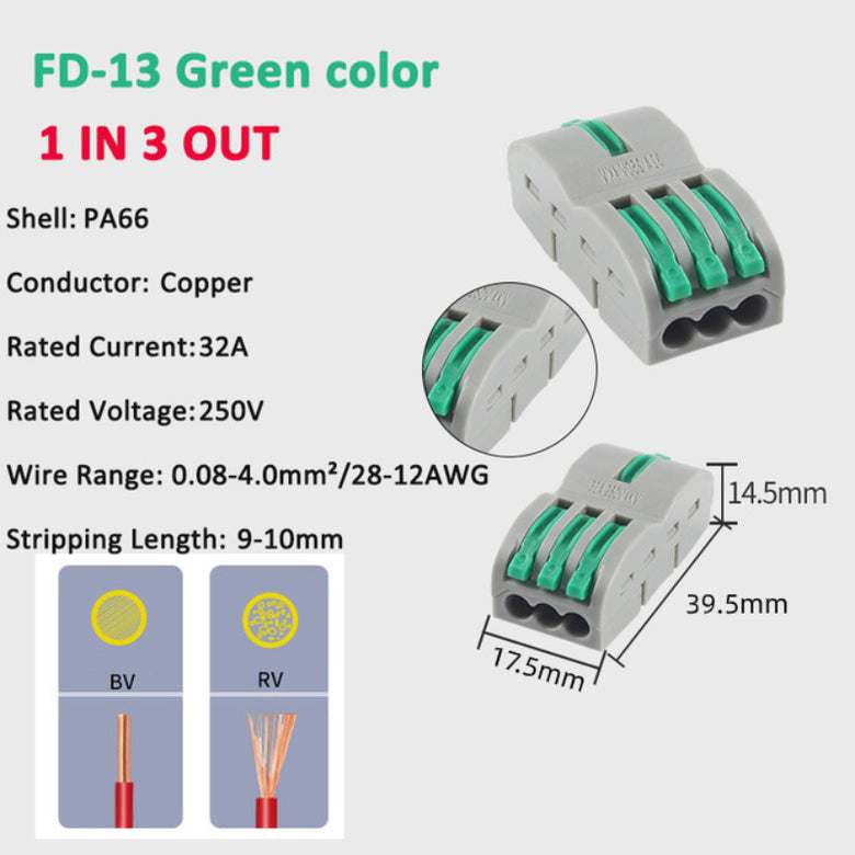 FD-13 Orange/Yellow/Blue/Green Wire Connector 1 In 3 Out Wire Splitter Terminal Block Compact Wiring Cable Connector Push-in Conductor