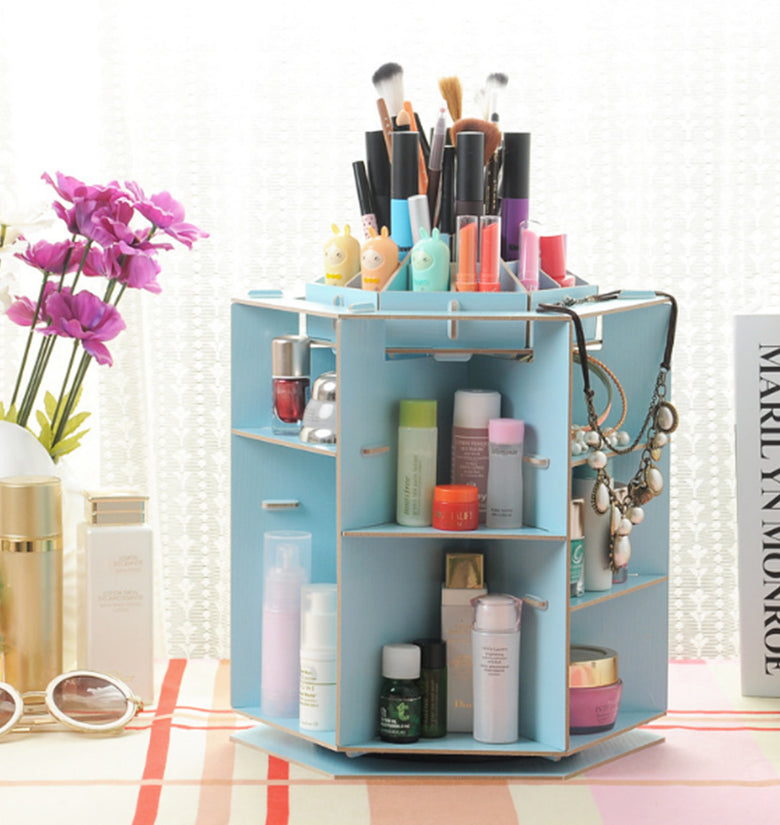 360 Rotating Cosmetic Storage Box Desktop Wood Storage Box Case DIY Cosmetics Makeup Organizer Jewelry Container
