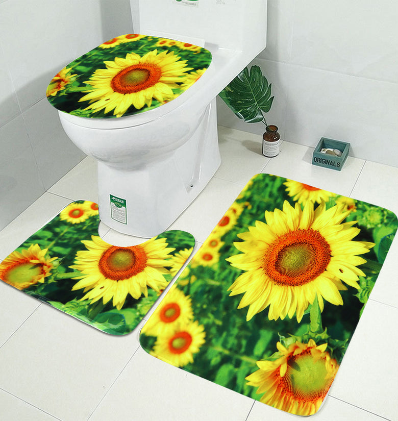 3D Sunflower Green Hue Bathroom Decor Shower Curtain Bathroom Rug Bath Mat Toilet Lid Cover Mat