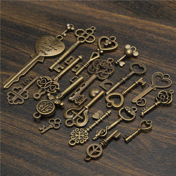 19Pcs Antique Vintage Skeleton Key Set Lot Pendant Heart Bow Lock Steampunk Jewel - Old Look