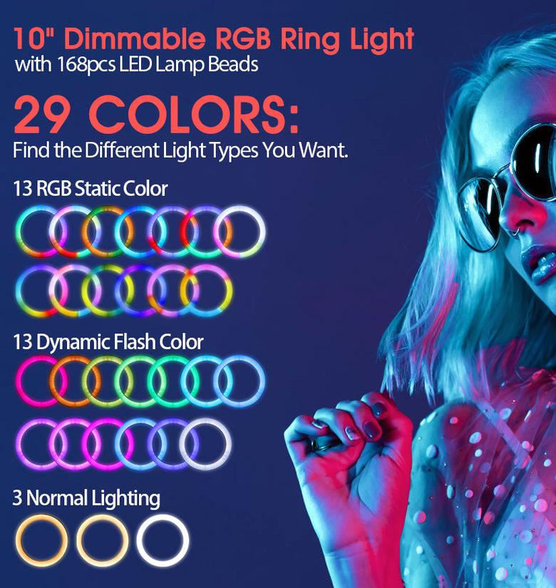 [29 RGB Colors] ELEGIANT EGL-03P 10 inch 3 Lighting Modes Brightness Adjustment LED Ring Full Light Tripod Stand Live Selfie Holder with Remote Control for YouTube Tiktok VK Vlog