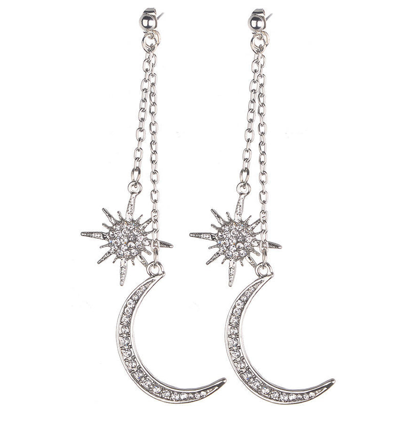 Bohemian Style Full Rhinestone Earrings Shiny Moon Star Long Ear Drop Earring For Women