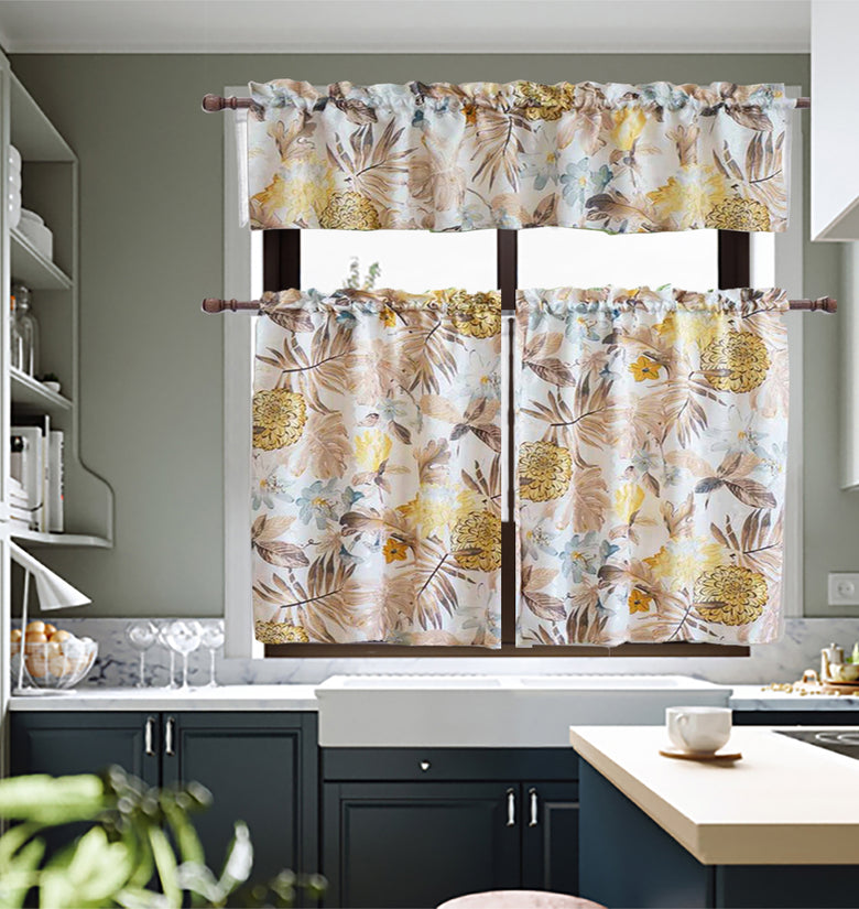 Kitchen Curtain Kit Tier Valance Set Leaf Pattern Window Home Bedroom Decor