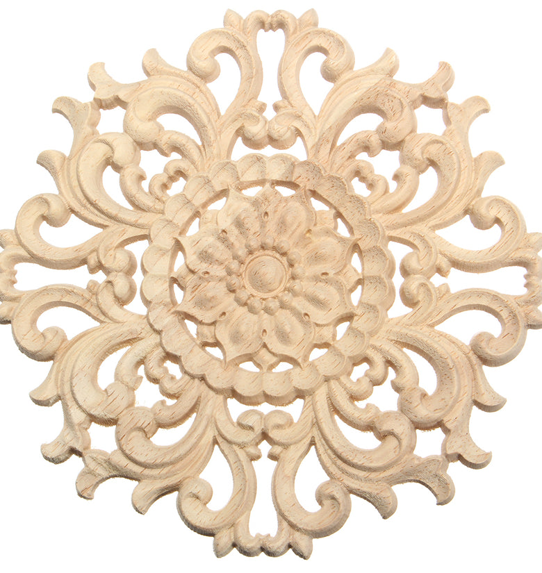 Wooden Carved Onlay Applique with Unpainted Flower Pattern for Furniture Frame Door Decoration, 15cm - Wood Decor