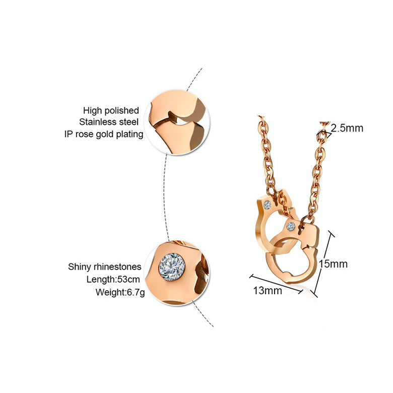Titanium Steel Rhinestone Rose Gold Handcuffs Pendant Necklace for Women