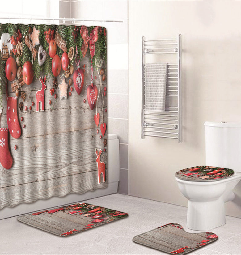 3PCS Bathroom Bath Mat Set Toilet Seat Cover Waterproof Bathroom Shower Curtain Chrismas Print