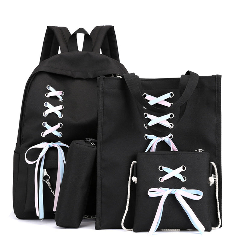 4Pcs/Set Canvas Backpack Rucksack Teenage Girls School Bag Handbag Outdoor Travel