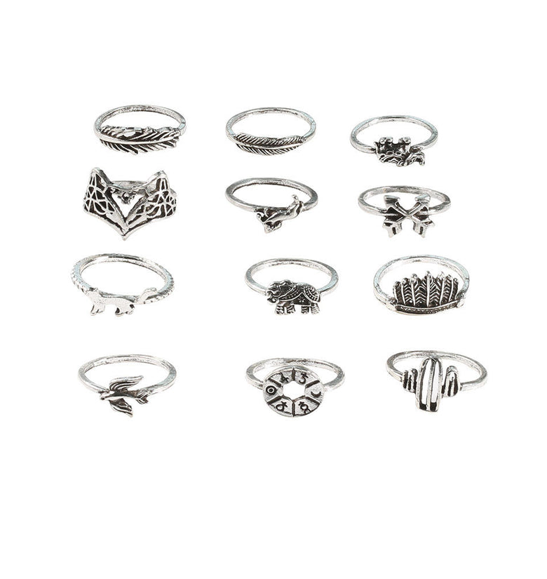 Vintage Geometric Animal Rings Set Hollow Cactus Foxs Knuckle Ring Trendy Jewelry for Women